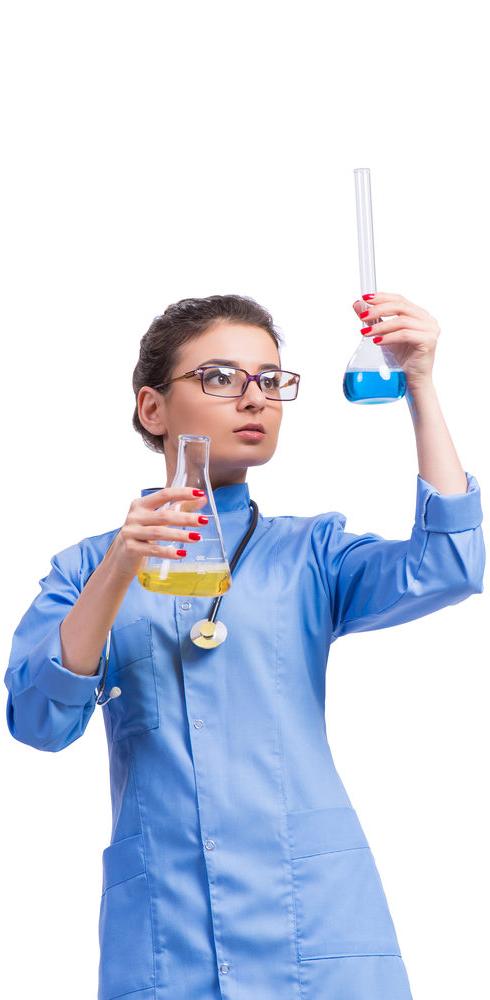 Woman doctor doing chemical tests isolated on white